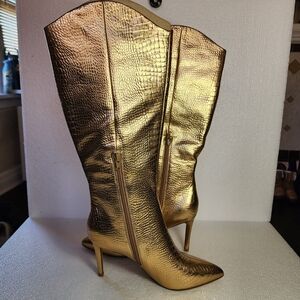 Nine West Metallic Gold Croc-Embossed Knee-High Stiletto Boots
